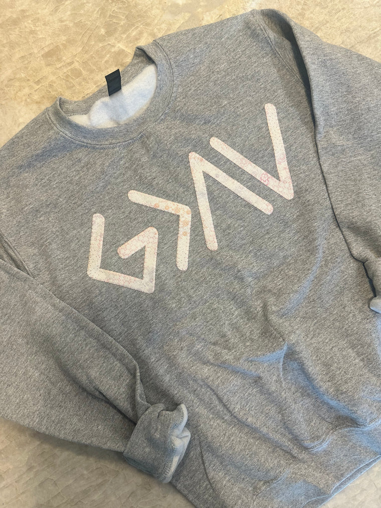 PINK PATCHWORK GOD IS GREATER THAN THE HIGHS AND LOWS SYMBOLS - SPORT GREY CREW