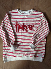 RED METALLIC/WHITE HUSKERS SCRIPT - RED STRIPED CREWNECK