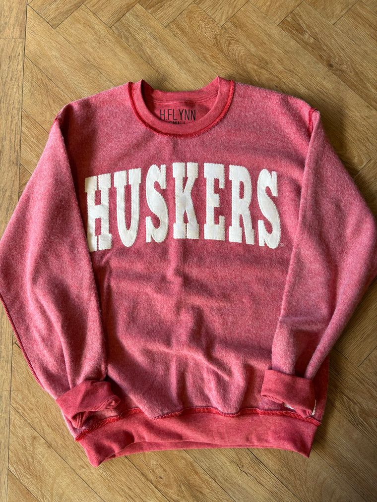 VARSITY WHITE HUSKERS - INSIDE OUT RED CREWNECK