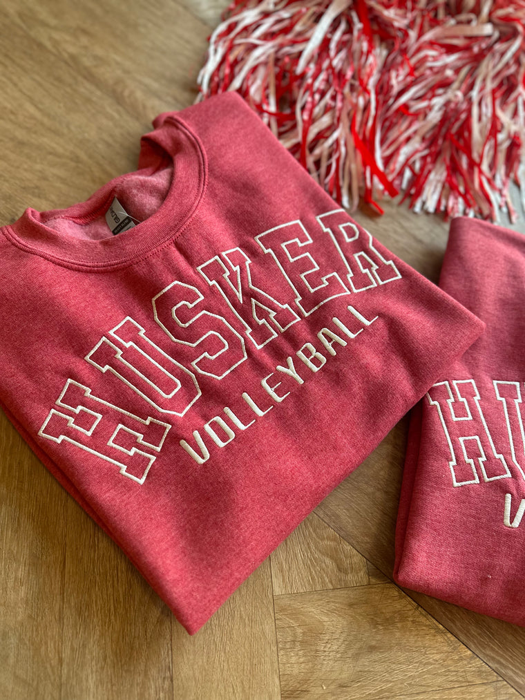 EMBROIDERED HUSKER VOLLEYBALL - HEATHER RED CREW