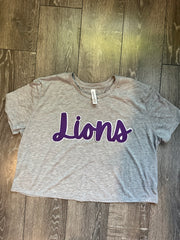 CURSIVE PURPLE/WHITE LIONS  - GREY CROP TEE