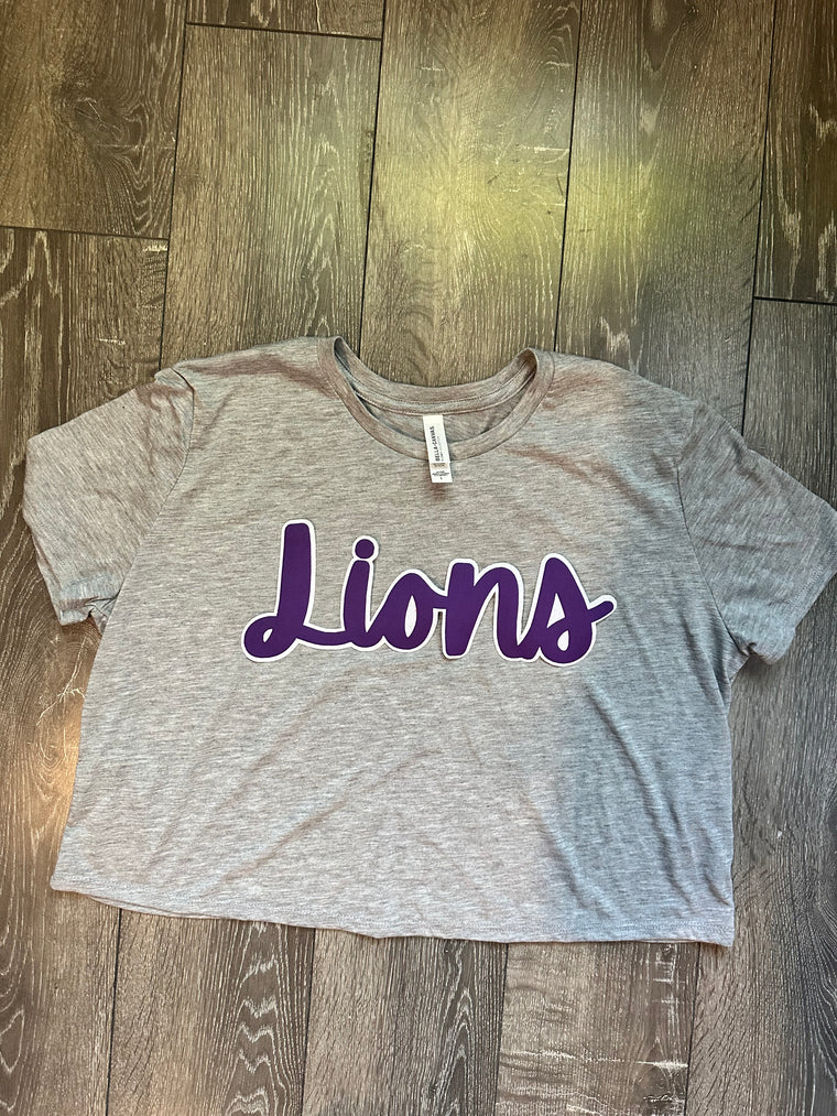 CURSIVE PURPLE/WHITE LIONS  - GREY CROP TEE