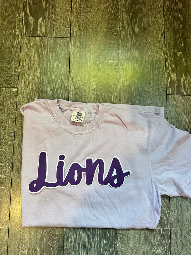 CURSIVE PURPLE/WHITE LIONS - ORCHID COMFORT COLORS TEE (youth + adult)