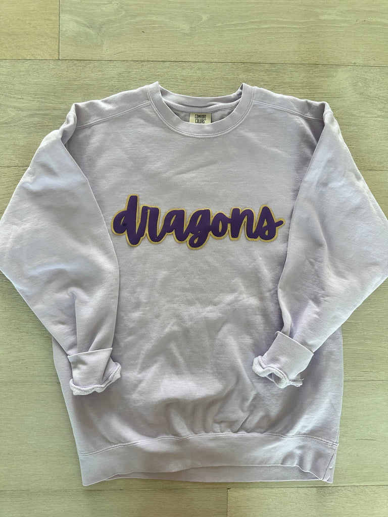 CURSIVE PURPLE/GOLD METALLIC DRAGONS - ORCHID COMFORT COLORS CREWNECK