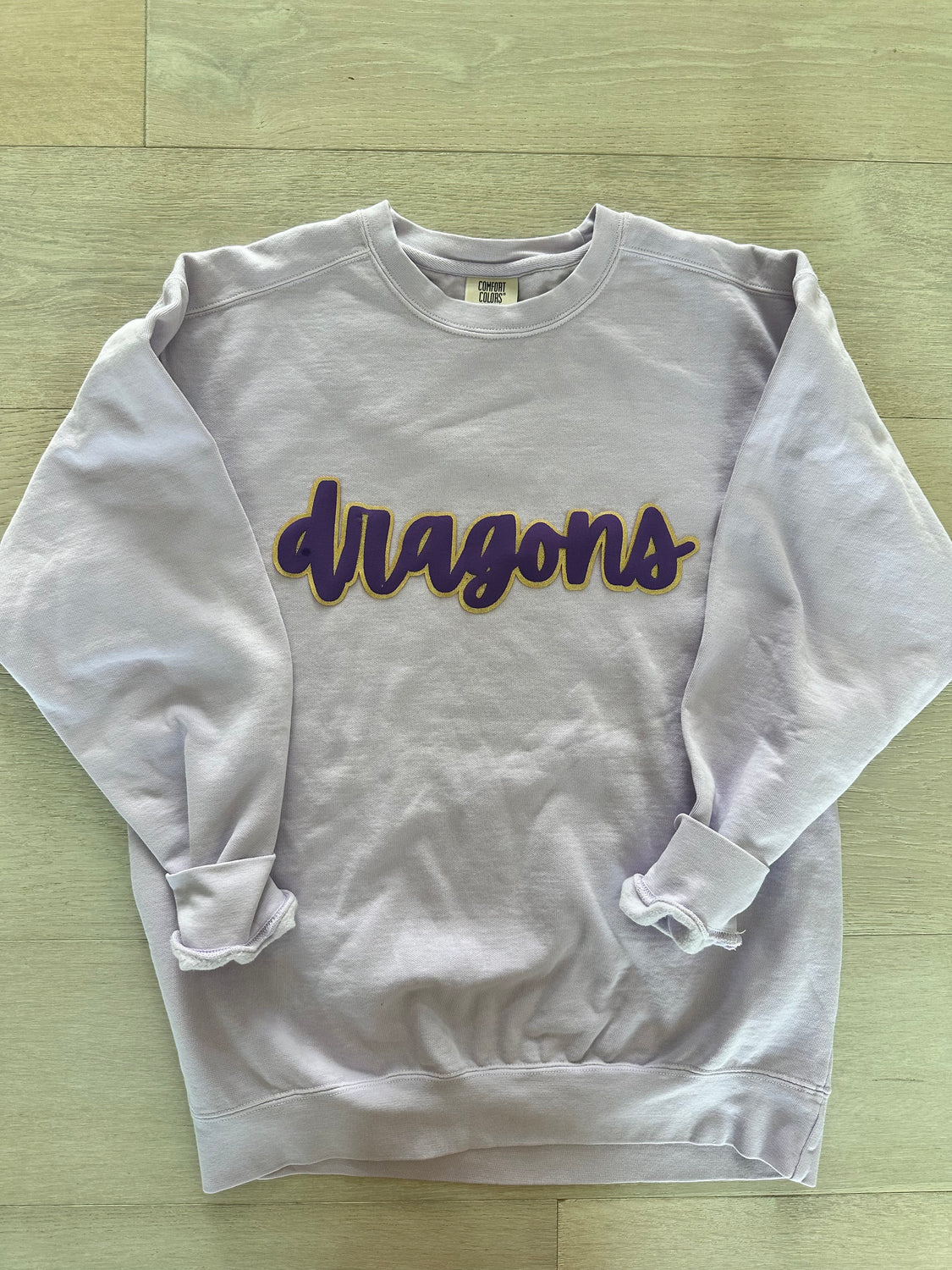 CURSIVE PURPLE/GOLD METALLIC DRAGONS - ORCHID COMFORT COLORS CREWNECK