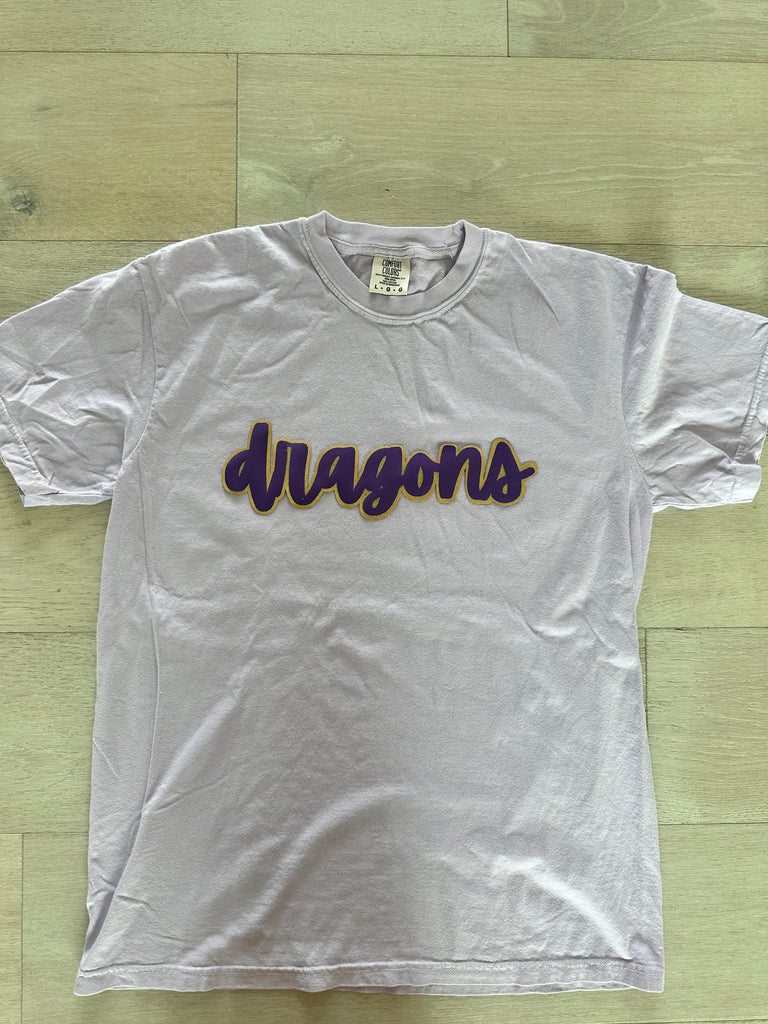 CURSIVE PURPLE/GOLD METALLIC DRAGONS - ORCHID COMFORT COLORS TEE (YOUTH + ADULT)