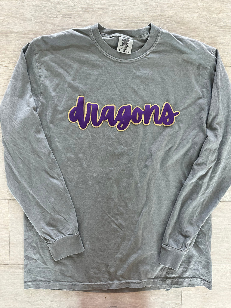 CURSIVE PURPLE/GOLD METALLIC DRAGONS - LIGHT GREY COMFORT COLORS LONG SLEEVE TEE