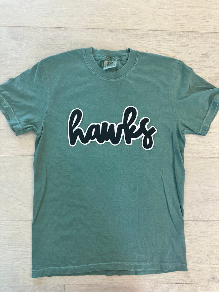 BLACK/WHITE HAWKS - GREEN COMFORT COLORS TEE (YOUTH + ADULT)