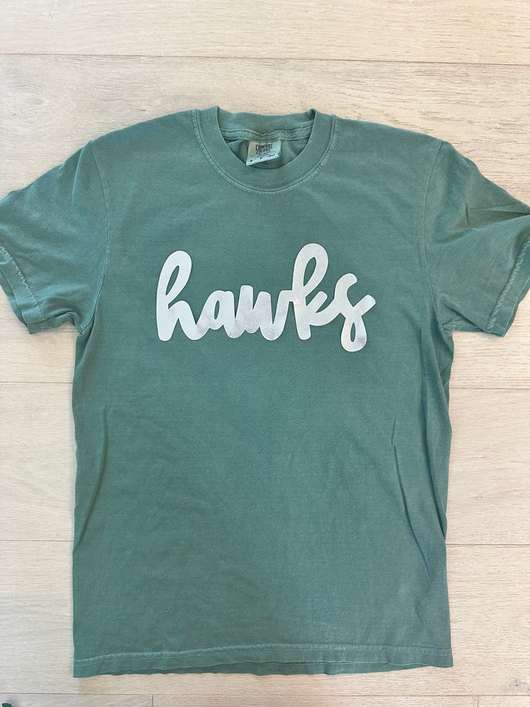 SILVER METALLIC HAWKS - GREEN COMFORT COLORS TEE (YOUTH + ADULT)