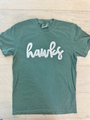 SILVER METALLIC HAWKS - GREEN COMFORT COLORS TEE (YOUTH + ADULT)