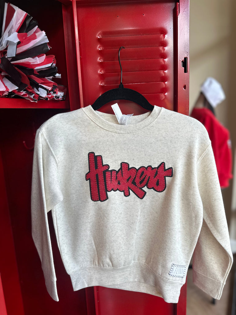 RED SPARKLE/BLACK HUSKERS - NATURAL HEATHER CREWNECK  -  TODDLER