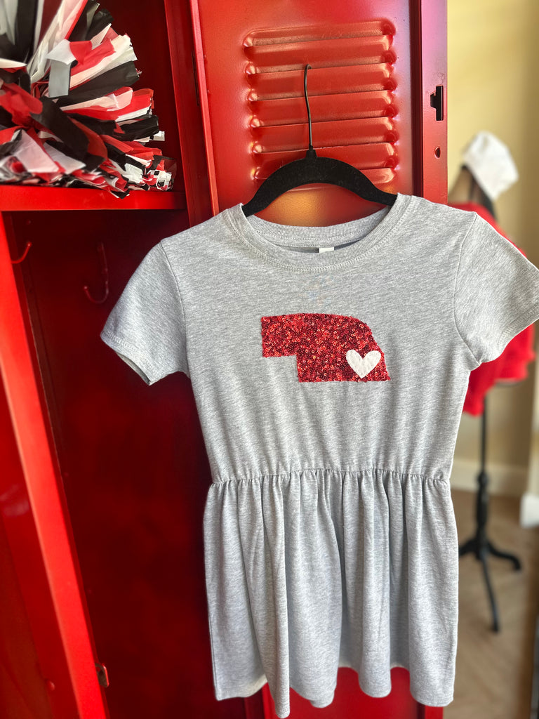 RED SEQUIN STATE W/ WHITE HEART - GREY DRESS (INFANT + TODDLER)