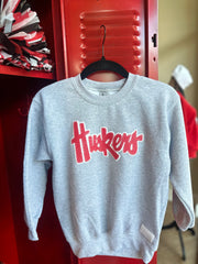 RED SPARKLE/WHITE HUSKERS - GREY CREWNECK (TODDLER + YOUTH)