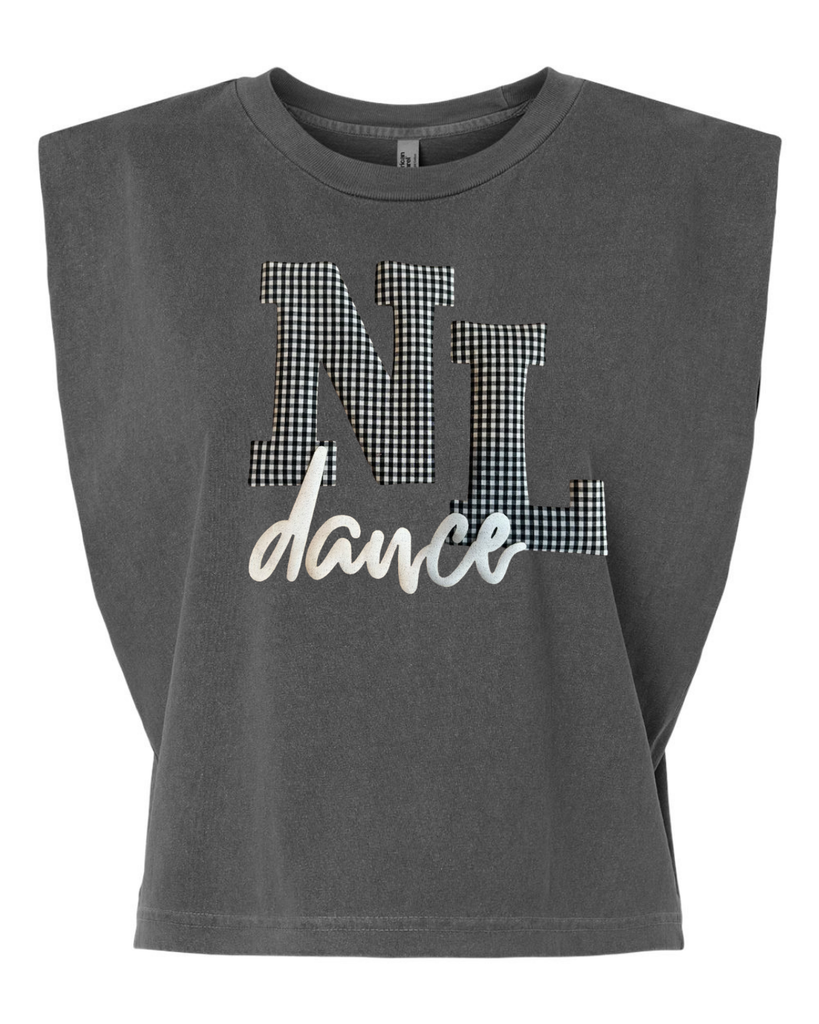 BLACK/WHITE GINGHAM NL WHITE DANCE - WASHED BLACK MUSCLE TEE