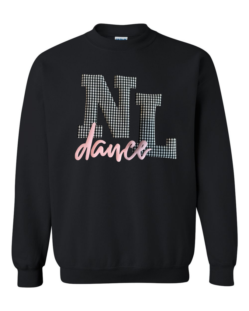 BLACK/WHITE GINGHAM NL PINK DANCE - BLACK GILDAN CREW - YOUTH + ADULT