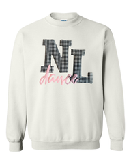 BLACK/WHITE GINGHAM NL PINK DANCE - WHITE GILDAN CREW - YOUTH + ADULT