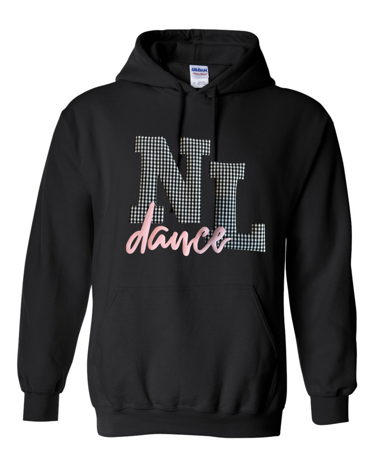 BLACK/WHITE GINGHAM NL PINK DANCE - BLACK GILDAN HOODIE - YOUTH + ADULT