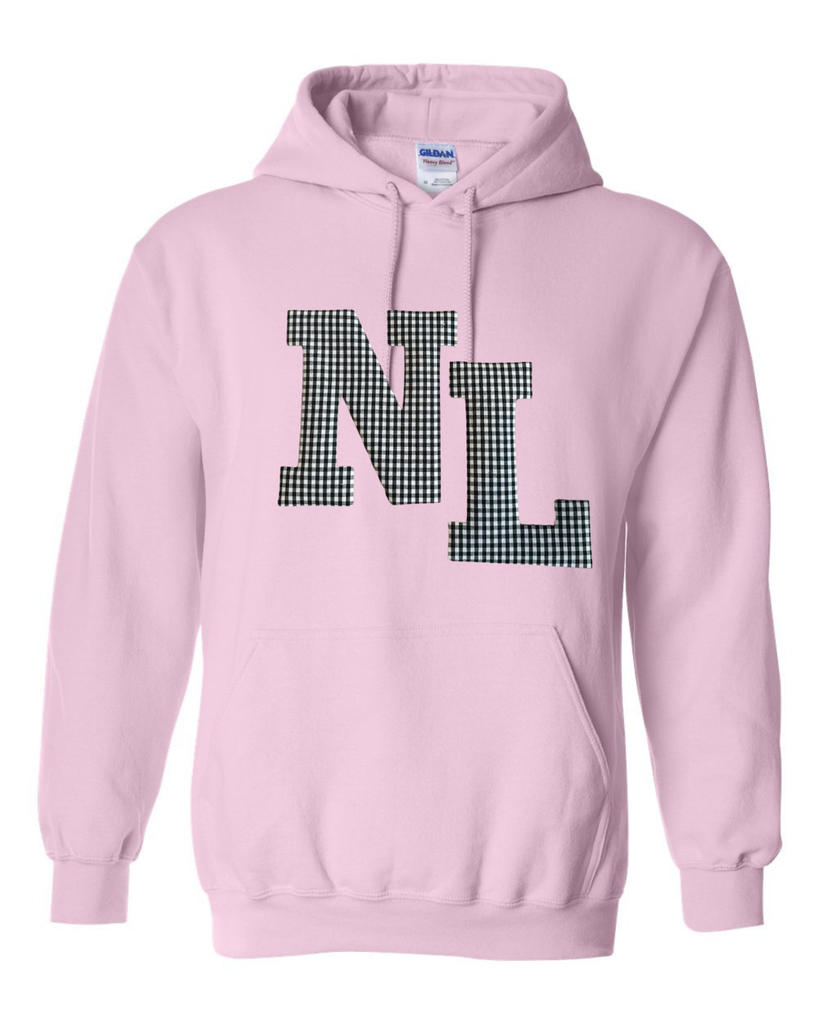BLACK/WHITE GINGHAM NL - PINK GILDAN HOODIE - YOUTH + ADULT