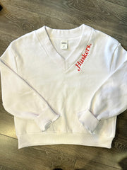 EMBROIDERED HUSKERS  - WHITE V NECK LADIES SWEATSHIRT