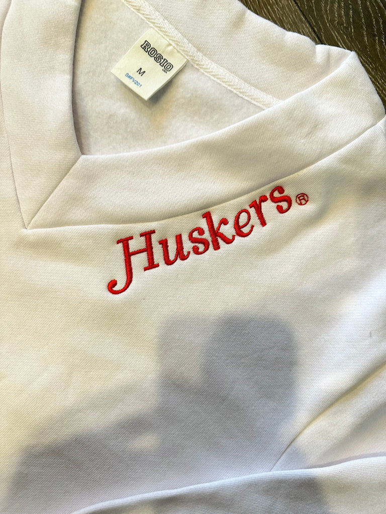 EMBROIDERED HUSKERS  - WHITE V NECK LADIES SWEATSHIRT