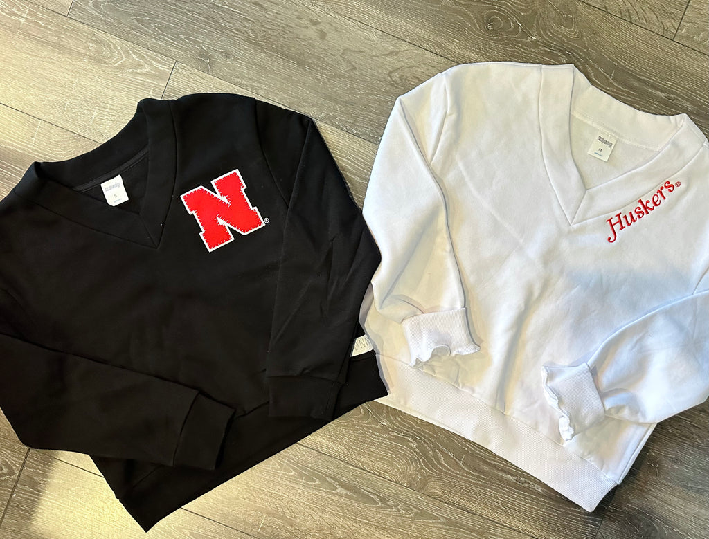 EMBROIDERED HUSKERS  - WHITE V NECK LADIES SWEATSHIRT