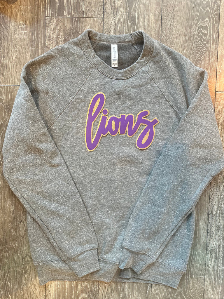 CURSIVE LIONS PURPLE/GOLD METALLIC - GREY SPONGE CREW (YOUTH + ADULT)