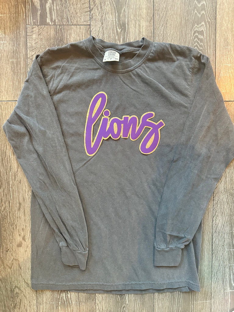 PURPLE/GOLD METALLIC CURSIVE LIONS  - GREY COMFORT COLORS LONG SLEEVE