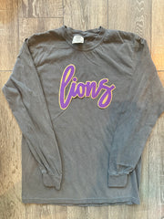 PURPLE/GOLD METALLIC CURSIVE LIONS  - GREY COMFORT COLORS LONG SLEEVE