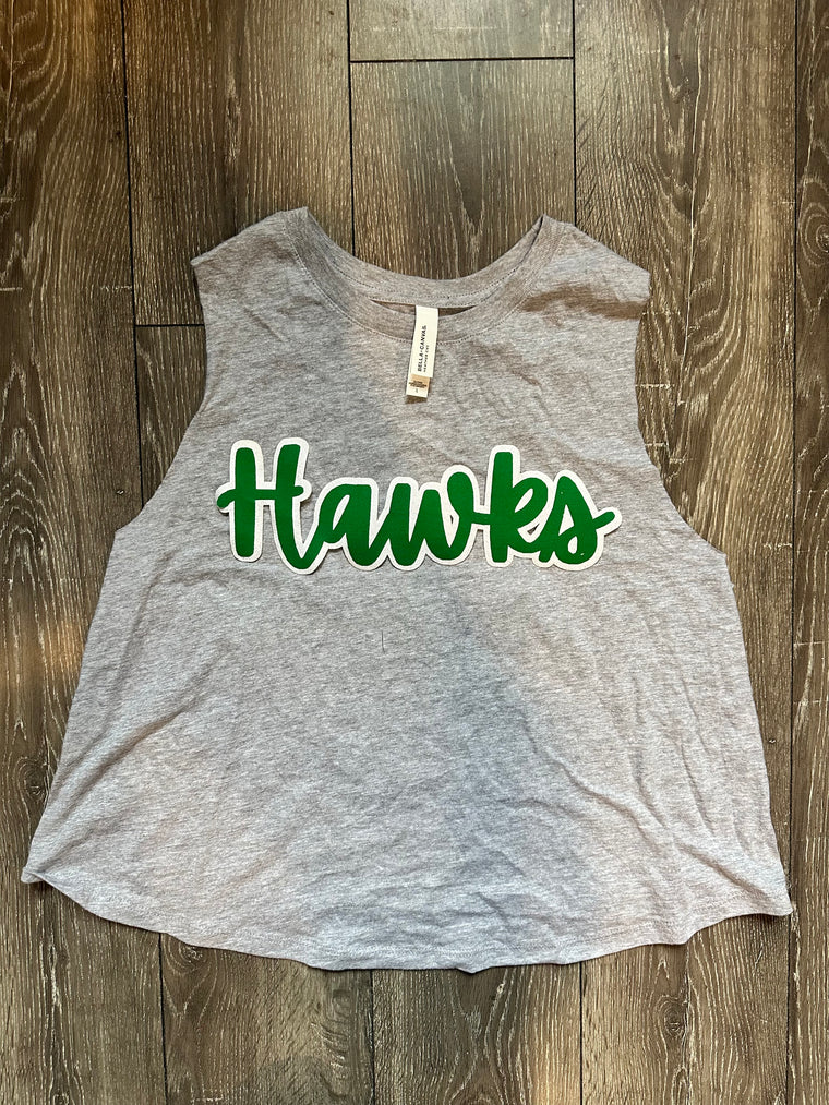 CURSIVE GREEN/WHITE HAWKS - GREY MUSCLE CROP TANK