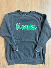 CURSIVE GREEN/WHITE HAWKS - CHARCOAL COMFORT COLORS CREWNECK
