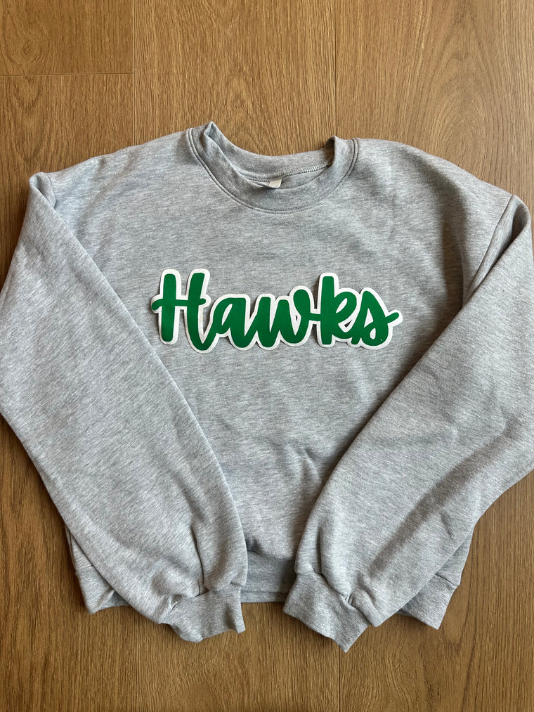 CURSIVE GREEN/WHITE HAWKS - GREY CROP CREWNECK