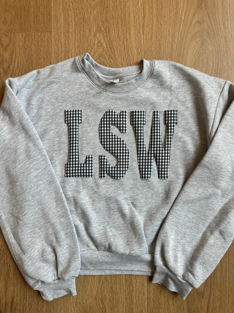 VARSITY BLACK/WHITE GINGHAM LSW - GREY CROP CREWNECK