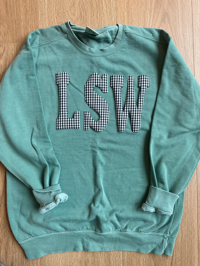 VARSITY BLACK/WHITE GINGHAM LSW - GREEN COMFORT COLORS CREWNECK