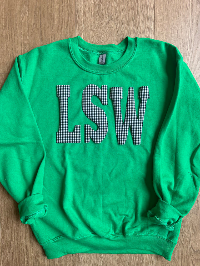 VARSITY BLACK/WHITE GINGHAM LSW - GREEN CREWNECK