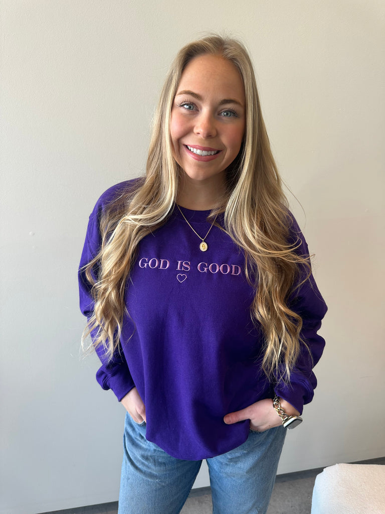 EMBROIDERED GOD IS GOOD (w/ heart) - PURPLE GILDAN CREW