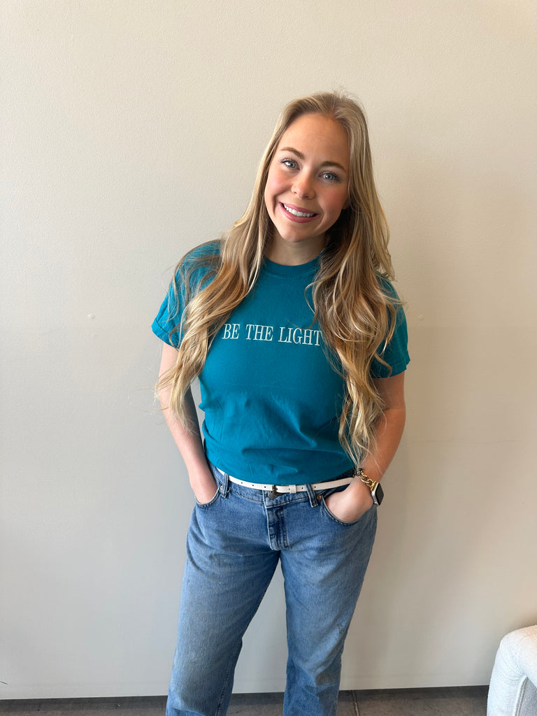 EMBROIDERED BE THE LIGHT - TOPAZ BLUE COMFORT COLORS TEE (YOUTH + TODDLER)