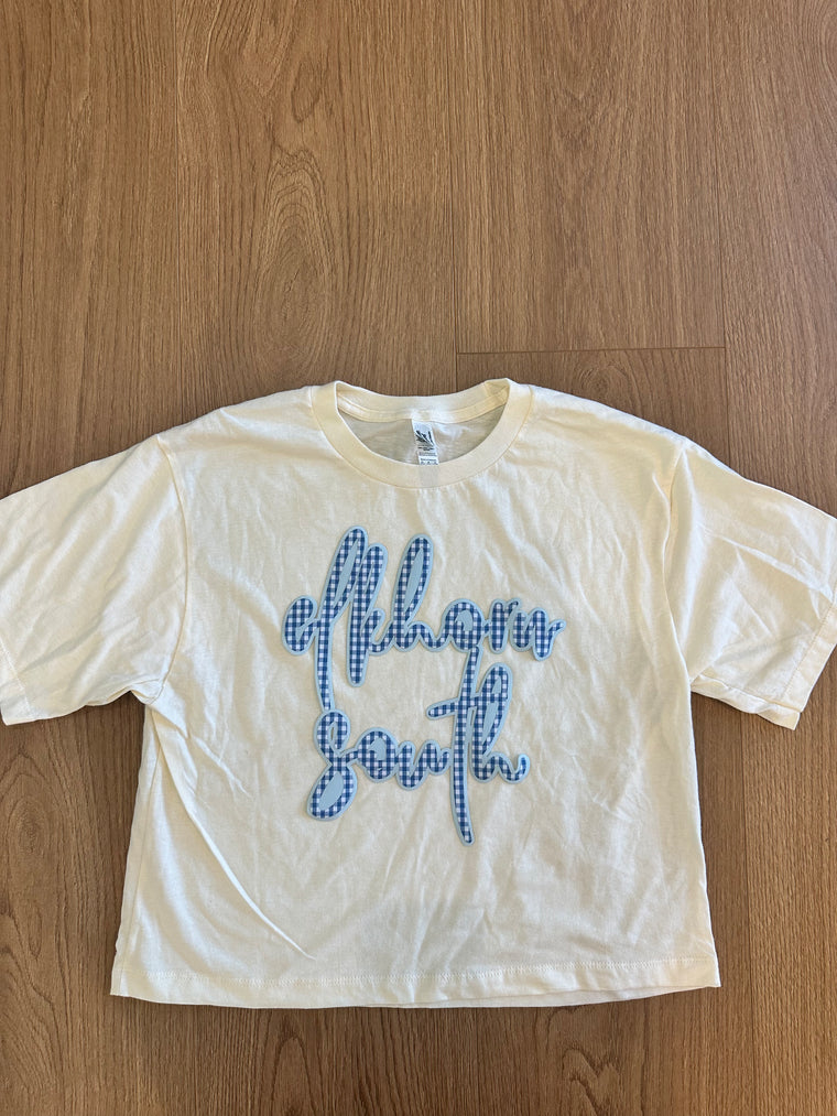 CURSIVE BLUE GINGHAM/LIGHT BLUE ELKHORN SOUTH  - CREAM CROP TEE