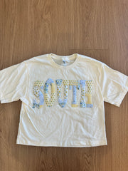 YELLOW/BLUE PATCHWORK SOUTH - CREAM CROP TEE