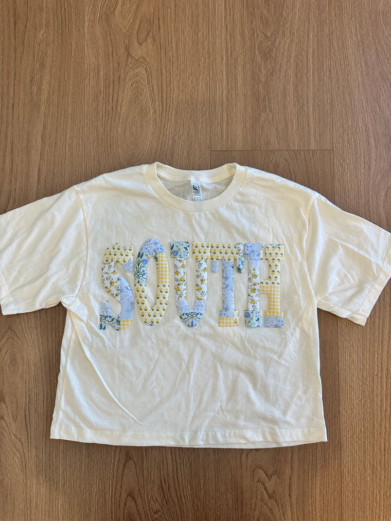 YELLOW/BLUE PATCHWORK SOUTH - CREAM CROP TEE