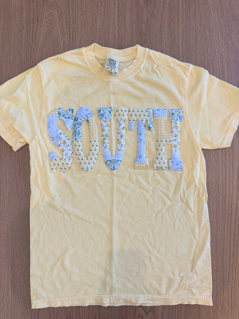 YELLOW/BLUE PATCHWORK SOUTH - BANANA YELLOW TEE