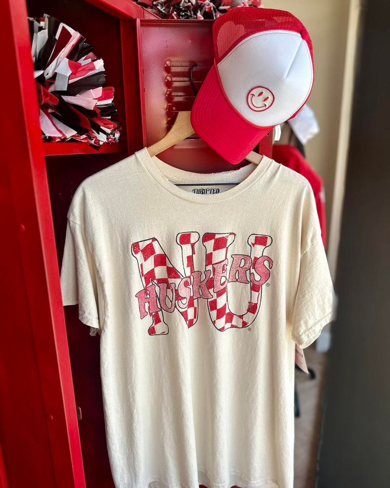 CHECKERED NU HUSKERS IVORY TEE