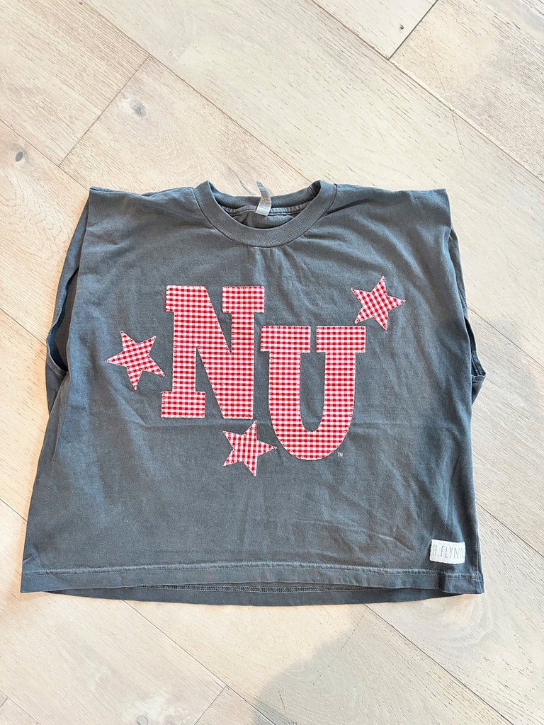 RED GINGHAM STAR NU - CHARCOAL MUSCLE TEE