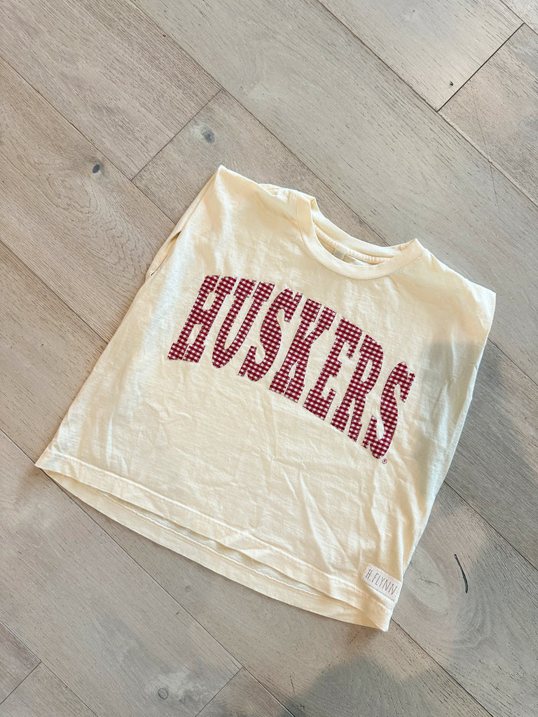 RED GINGHAM VARSITY HUSKERS - IVORY MUSCLE TEE