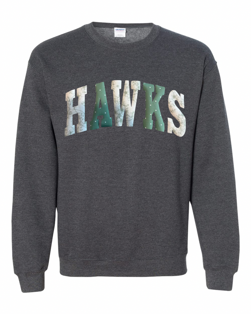 PATCHWORK HAWKS - DARK HEATHER CREWNECK (YOUTH + ADULT)