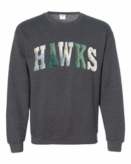 PATCHWORK HAWKS - DARK HEATHER CREWNECK (YOUTH + ADULT)
