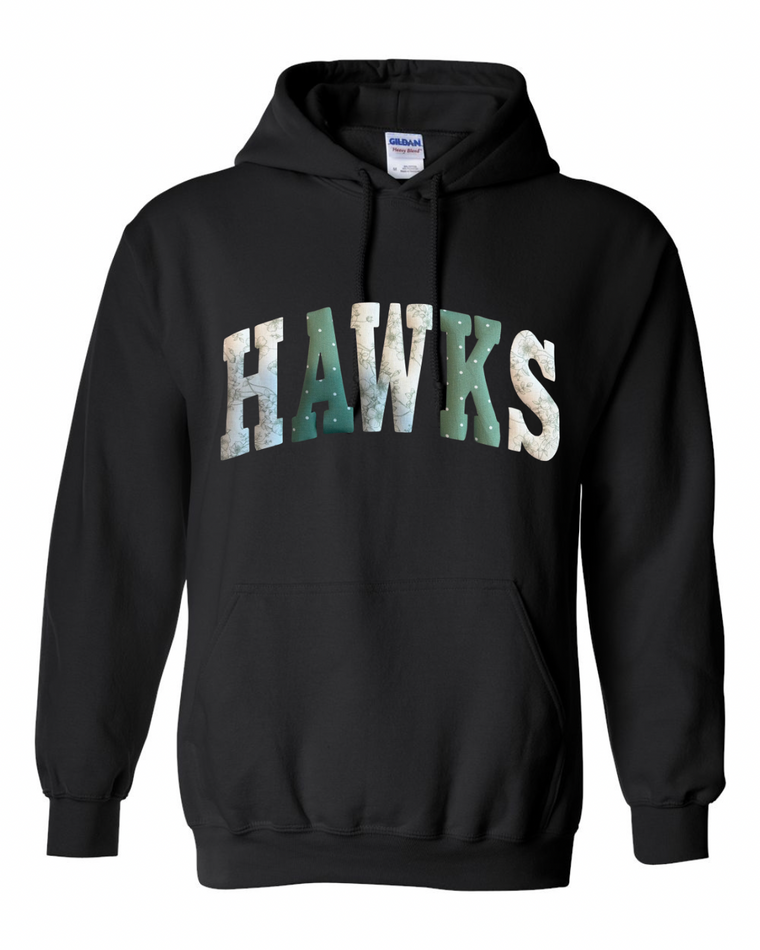 PATCHWORK HAWKS -BLACK HOODIE (YOUTH + ADULT)