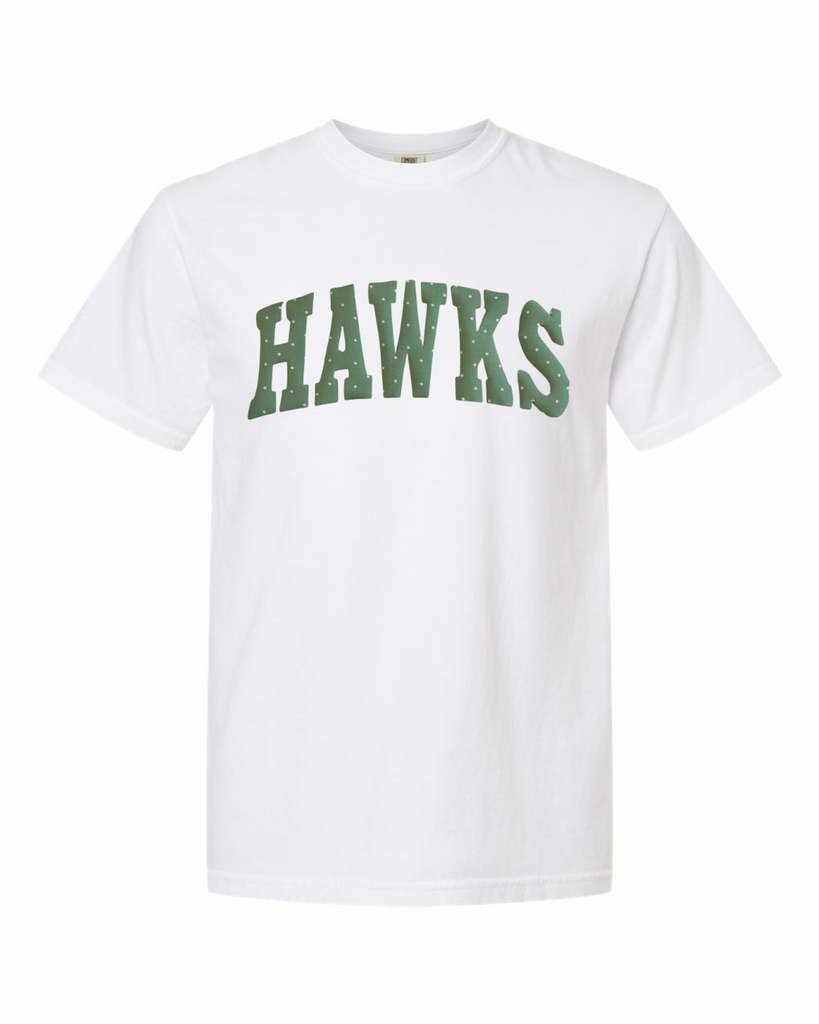 GREEN/WHITE POLKA DOT HAWKS - WHITE TSHIRT (YOUTH + ADULT)