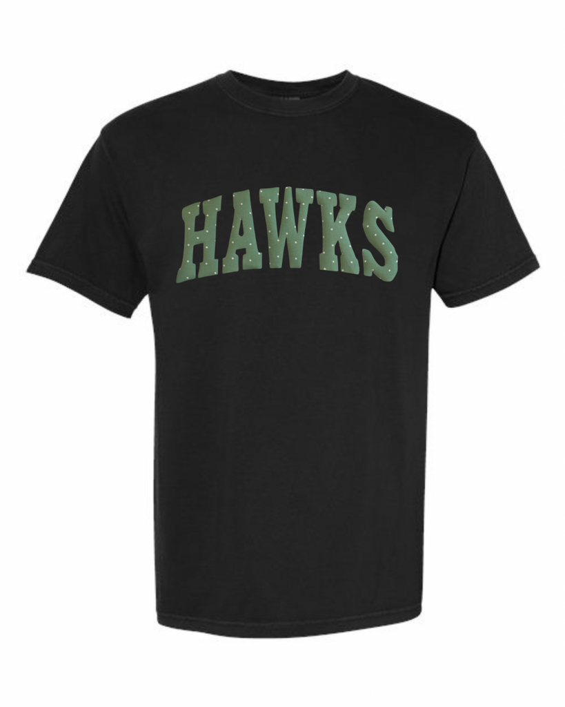 GREEN/WHITE POLKA DOT HAWKS - BLACK TSHIRT (YOUTH + ADULT)