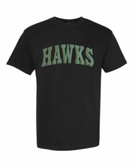 GREEN/WHITE POLKA DOT HAWKS - BLACK TSHIRT (YOUTH + ADULT)