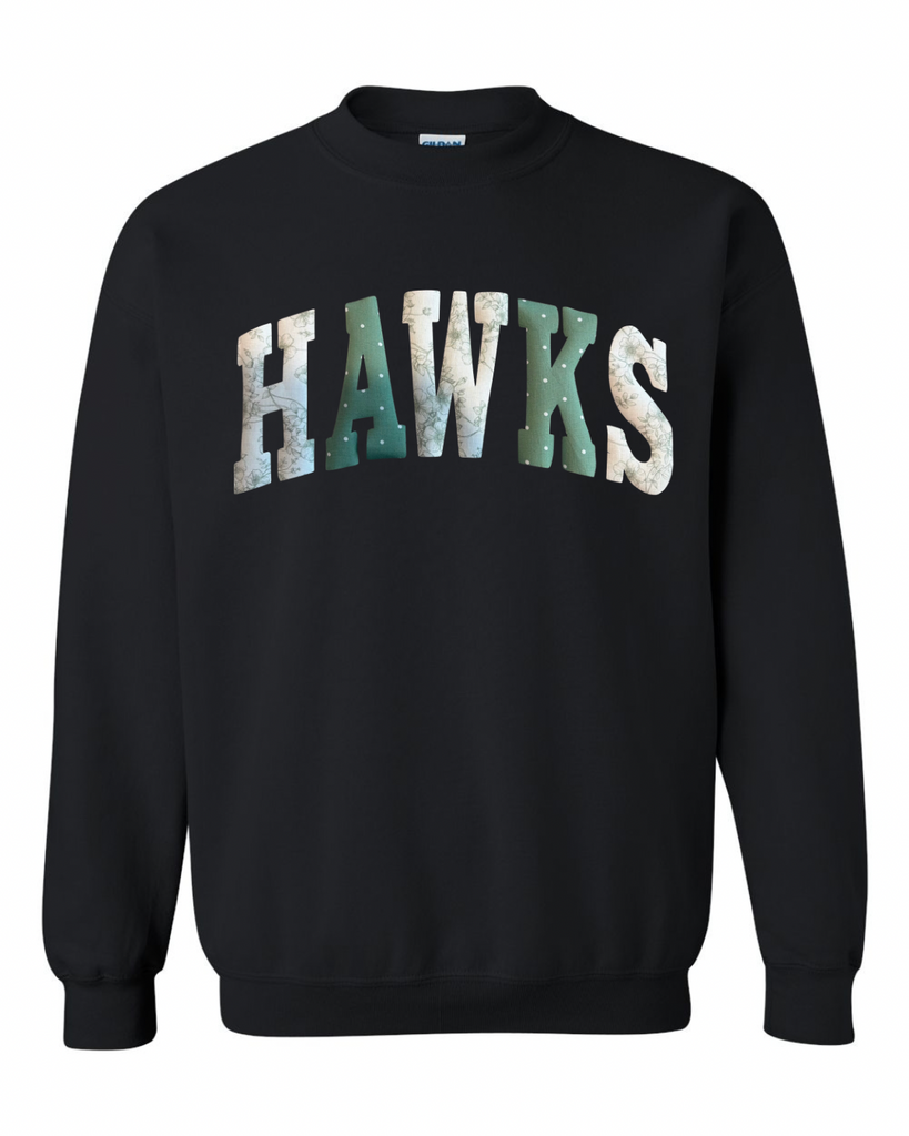 PATCHWORK HAWKS - BLACK CREWNECK (YOUTH + ADULT)